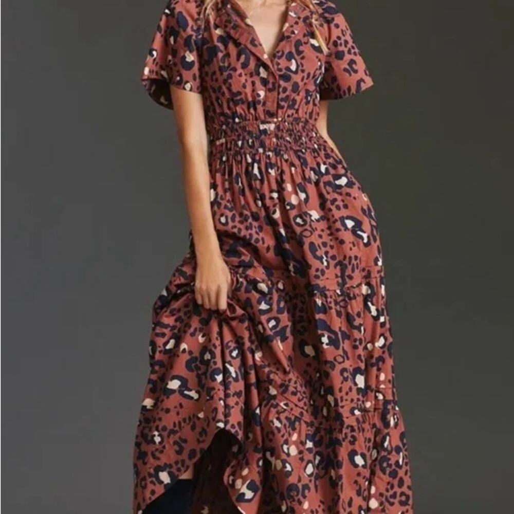 Anthropologie Maeve Somerset Leopard‎ Maxi Dress Brown Pockets Size XS